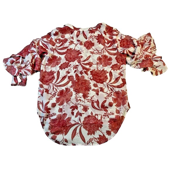 Vince Camuto Women's Blouse Small Sheer Ivory Tunic 3/4 Bell Sleeves Red Flowers - Picture 6 of 6